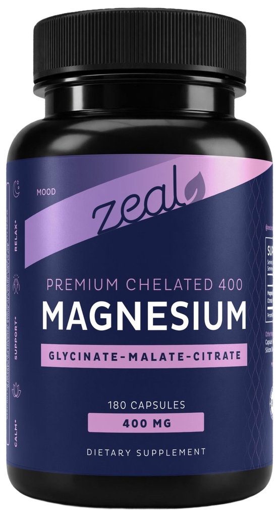 Premium Chelated Magnesium Glycinate, Malate, Citrate (400mg | 180 capsule) Triple Blend Magnesium Complex w. Magnesio Malato Magnesio Glycinate e Magnesio Citrate