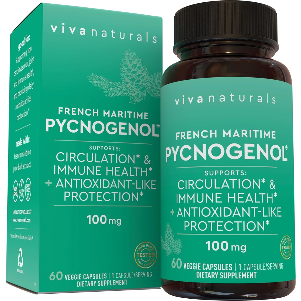 Viva Naturals Pycnogenol - 100mg French Maritime Pine Bark Extract – Supporta Circolazione, Antiossidante-Like Attività, Giunti & Immune Salute e Funzione – 60 Veggie Capsule