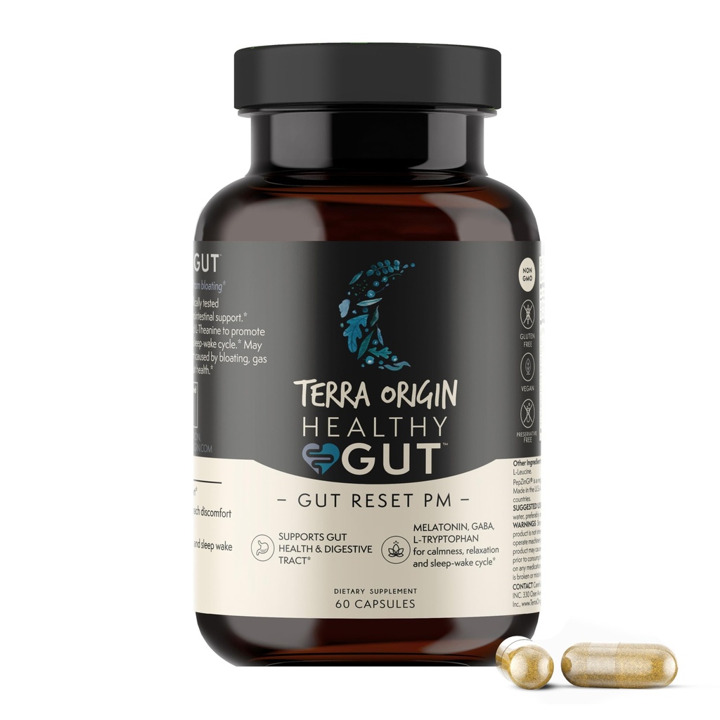 TERRA ORIGIN Sane Gut Reset PM | 60 capsule veggie | Integratore naturale di aiuto al sonno per cicli di sonno e sveglia | GABA, L-Tryptophan, Melatonina, L-Glutamina, Radice di liquirizia, Radice di Slippery Elm