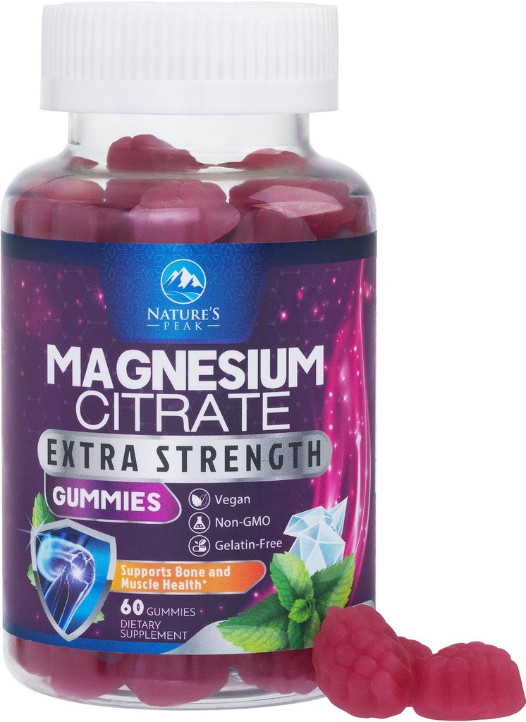 Supplément de citrate de magnésium Gommies - Gommy de magnésium haute absorption pour adultes et enfants, Suppléments de citrate de magnésium pour os, santé musculaire, soutien cardiaque, végétalien, sans gluten, sans OGM - 60 Gommies