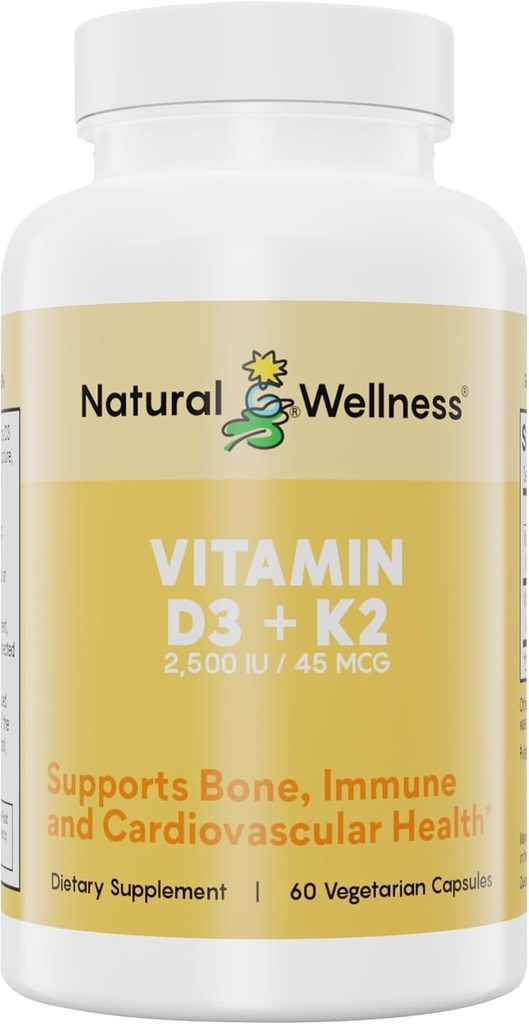 Vitamina D3 + K2 – Alta potenza Vitamina D3 2500 IU & K2 MK-7 45 mcg – Supporta la forza di ossa, la salute del cuore, l'immunità e il metabolismo - Integratore vegano naturale all-in-One, 90 capsule