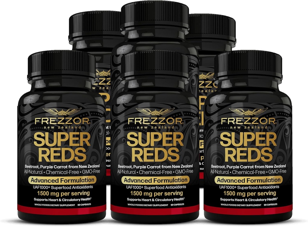 FREZZOR Super Reds Capsule con UAF1000+, All-Natural New Zealand Red Superfood Energy, Essential Red Fruits Veggies& Beets, Antiossidanti, Enzimi, Integratori Energetici, 540 Capsule, 6 Bottiglie