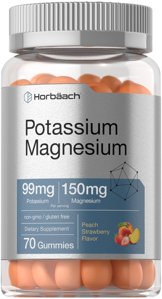 Horbäach Kalium Magnesium Supplement Gummis | Pfirsich Erdbeeren Flavor | 70 Graf | Vegan, Non-GMO und glutenfreie Formel