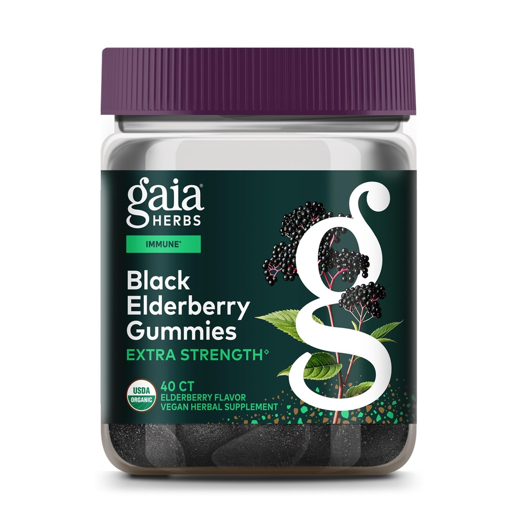 Gaia Herbs Black Elderberry (Sambucus Nigra) Extra Strength Gummis - Delicious Immun Support Supplement - Made with Certified Organic Black Elderberries for Immune System Support - 40 Gummis