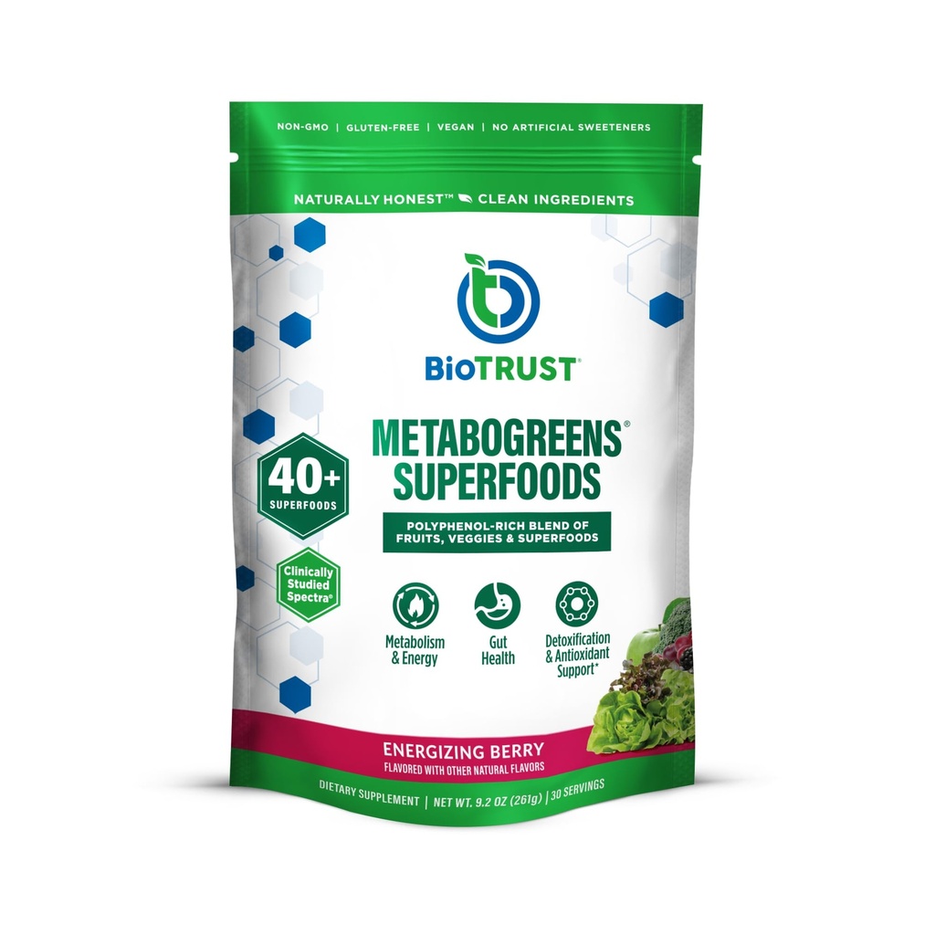 BioTrust Metabo Greens Superfood Powder - Super Greens Powder, Fruit & Veggie Blend mit klinisch untersuchten Spectra - Non GMO, Soy Free, Glutenfrei, Dairy Free, Erregung Berry Flavor (30 Portionen)