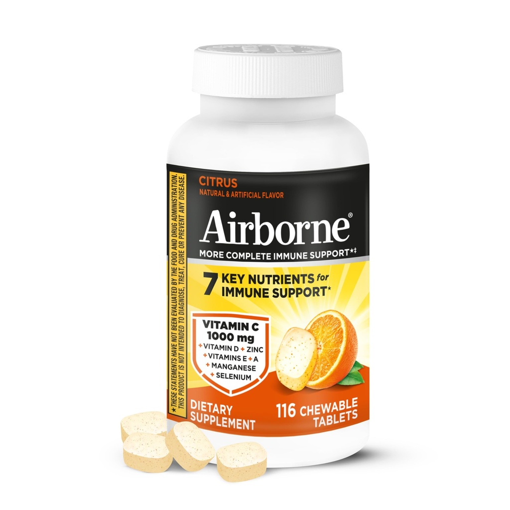 Vitamine C aéroportée 1000mg (par portion) - Comprimés à croquer d'agrumes (116 Compter dans une bouteille), Supplément de soutien immunitaire sans gluten, avec des vitamines A C E, Zinc, Sélénium, Echinacea, Ginger, Antioxydants