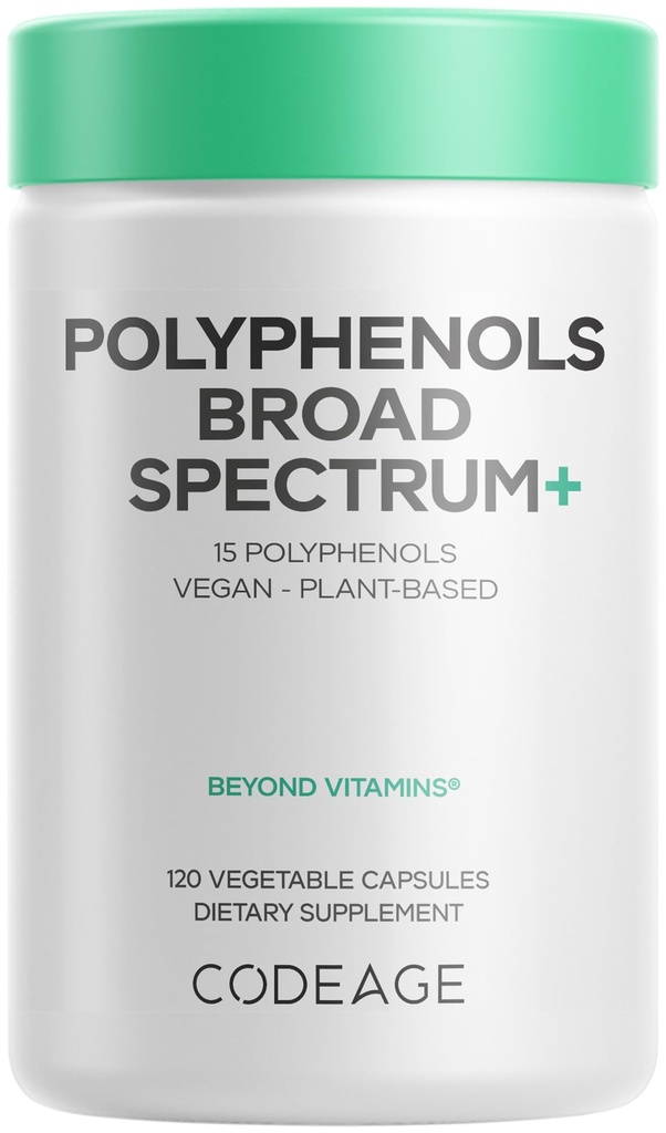 Codeage Polyphenols Broad Spectrum Supplement - Miscela di 15 bacche, frutta e estratti botanici, Decaf Green Tea Leaf, Quercetin, Resveratrolo, Melograno, Turmerico - Non-GMO - 120 capsule