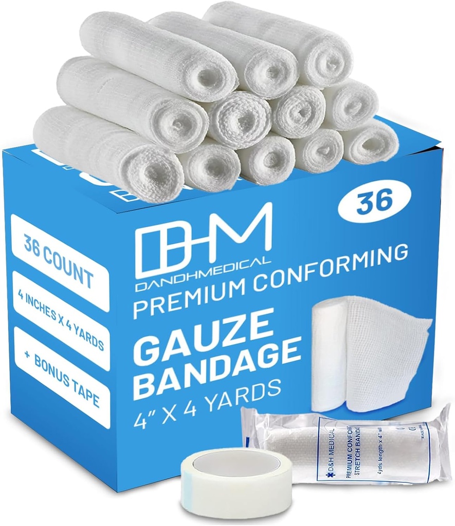 Paquet médical D&H de 36 rouleaux de bande de gaze 4 pouces x 4,1 Yards avec ruban - Enveloppe de gaze médicale pour l'entretien des plaies - Facile à utiliser rouleaux de coton pour l'enroulement de la main chevilles & genoues