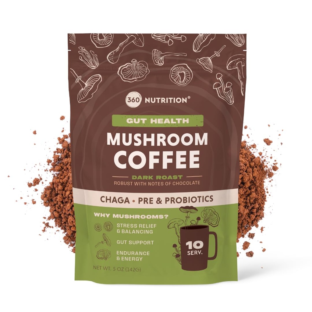 360 Nutrition Instant Mushroom Coffee con Chaga Superfood Mushroom e Prebiotics, Probiotics for Gut Health, and Focus Support | Dark Roast, No Aggiunto Sugar 5 oz (Gut Blend)