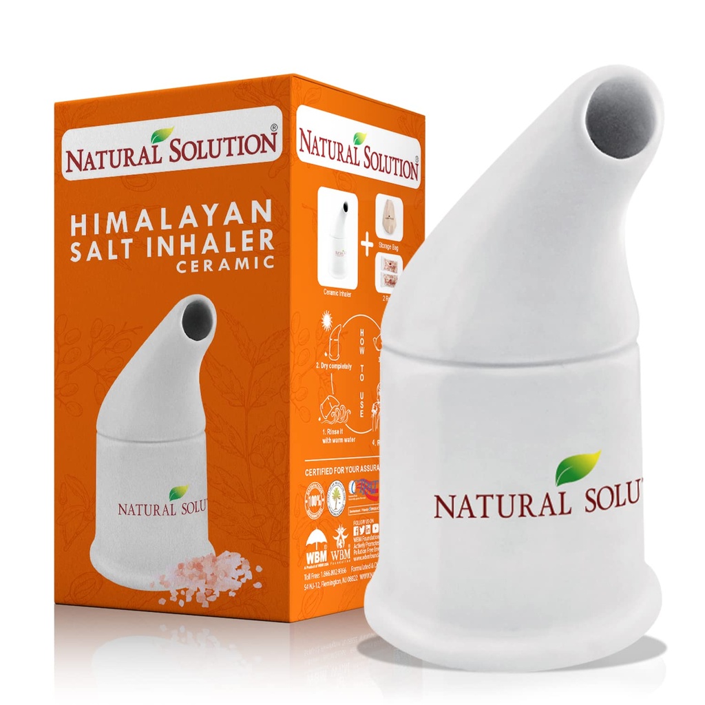 NATURAL SOLUTION Keramischer Salzinhalator mit 2 Himalaya Pink Salz-Refills, reinigt das Atemsystem, Relief Atem Congestion, Inhalator für Asthma White 1 Count