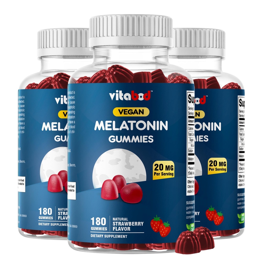 Melatonin 20mg Gummies - 180 Count - Droga gratis - Natural Strawberry Flavor - Vegetariano, Non OGM, Gluten Free (3 Bottiglie)