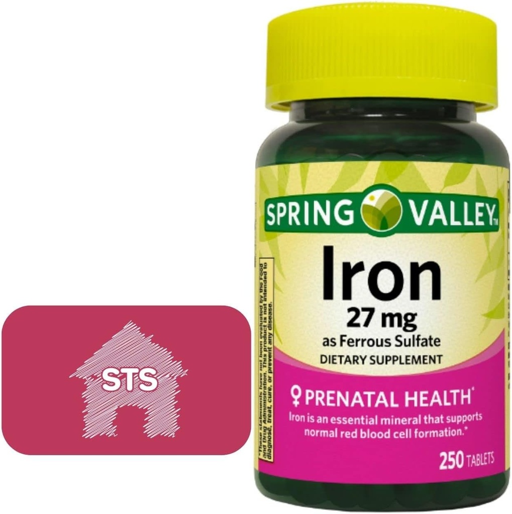 Spring Valley Iron come Ferrous Sulfate 27 mg, 250 Count + STS Home Sticker.