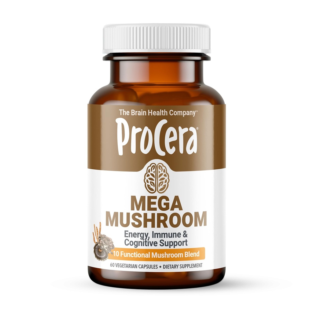 Procera Mega Champignon - Amélioration de la mémoire, de l'énergie naturelle et de la clarté mentale - Esprit clair - Lift Brain Fog - Immune Support - Detox - Lions Mane Chaga Cordyceps Shiitake Turkey Tail - 60 Comte
