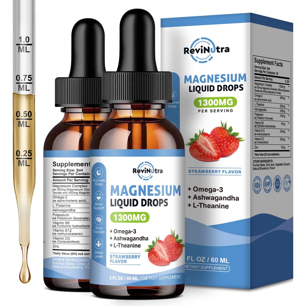 2 packs de glycinate de magnésium liquide gouttes avec Taurate et Citrate, Magnésium calme avec Oméga3, L-Theanine, Potassium, Ashwagandha, Vitamine pour le sommeil, Muscle, Santé immunitaire, Fraise sans sucre