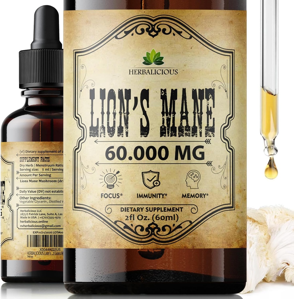 Lion's Mane Extract 2 fl oz Liquid – Natürliche Pilz-Ergänzung für Gehirn, Gedächtnis, Mental Clarity & Focus – Immununterstützung – Hohe Potenzformel – 90-Day Supply