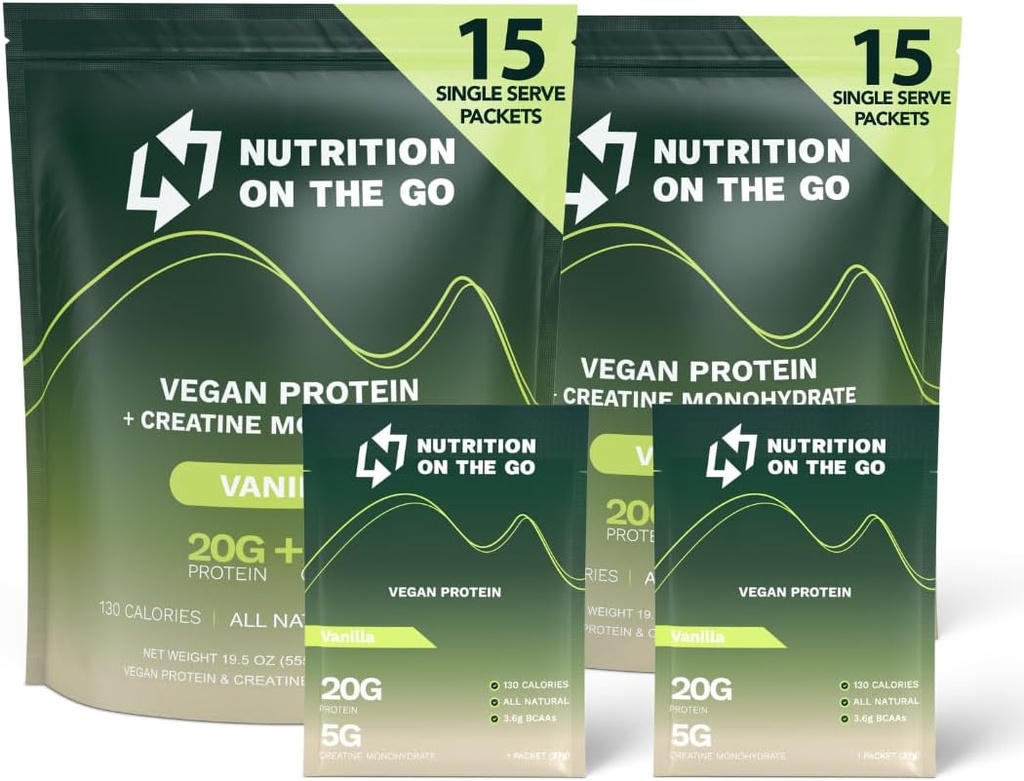 Nutrizione sul Go Vegan Protein Powder Packets con Creatina – 20g Proteine delle Piante + 5g Creatina – Polvere di Proteine di Viaggi Singola-Serve – All-Natural, Gluten-Free – Vanilla – (30-Pack)