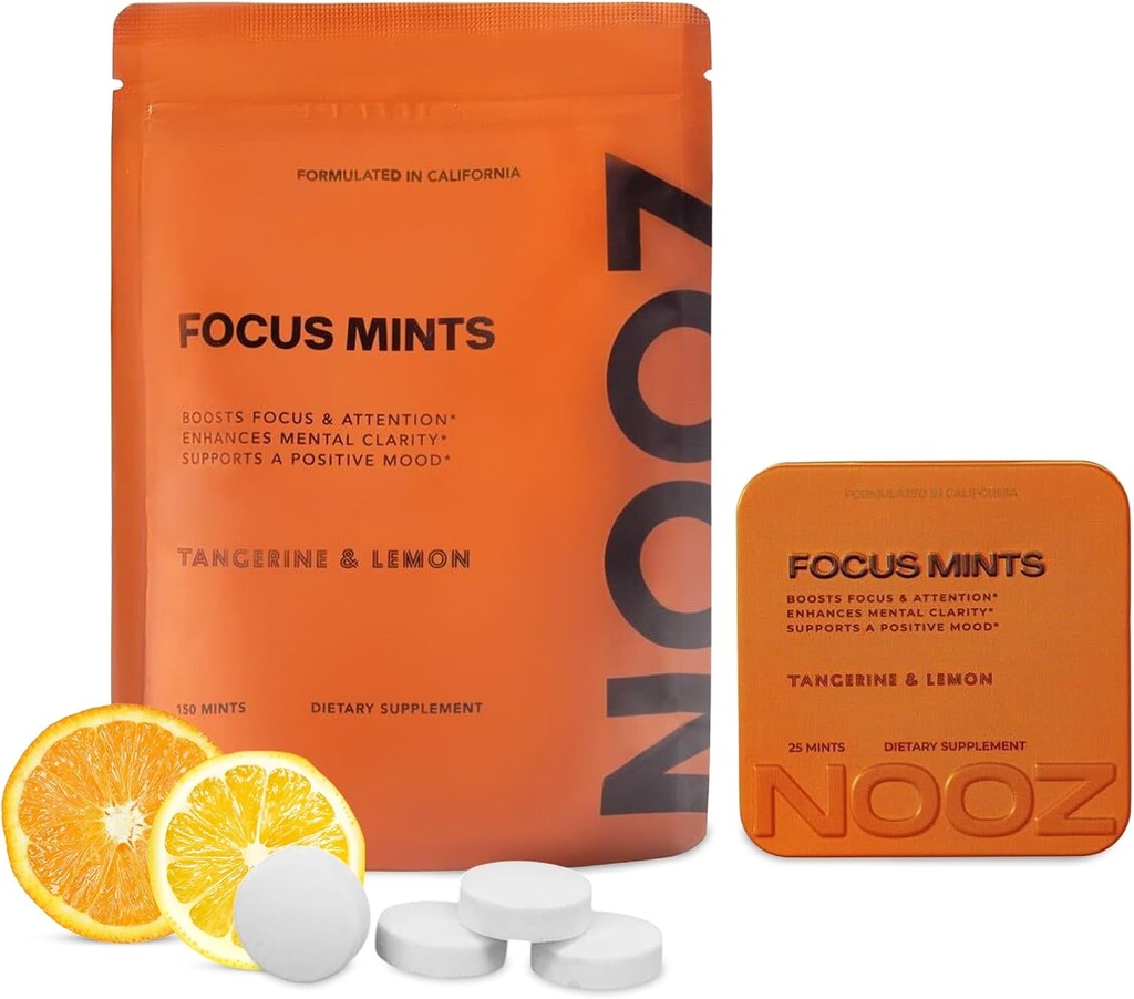 NOOZ Focus Mints Refill Bag - Booster senza caffeina per Clarity-Tangerine & Lemon Flavor | Sugar-Free, Travel-Friendly Supplement with Vitamin C, B6, B12 - Non-GMO, Clean Label, 150 Mints