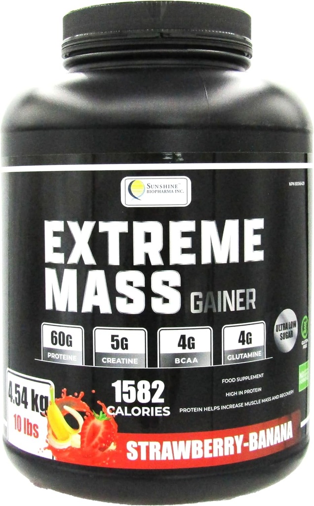Extreme Maß Gewicht Gainer Muscle Builder, 10 lb (4.54 kg) mit weniger Zucker für Intensiv-Workout-Training Hergestellt aus hochkalorie Fortified whey Protein (Strawberry-Banana)