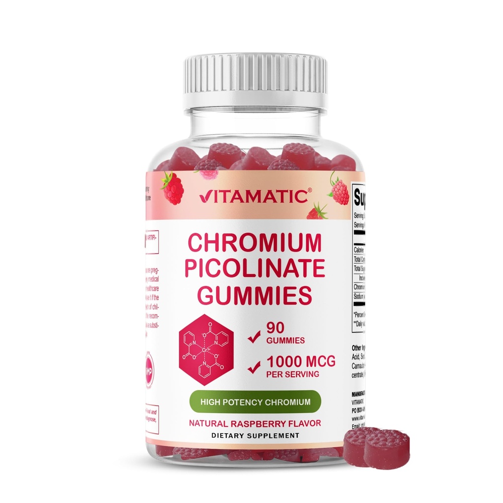 Vitamatic Chromium Picolinate 1000 mcg - 90 Gummis - hohe Potenz Chrom - Himbeer Flavor