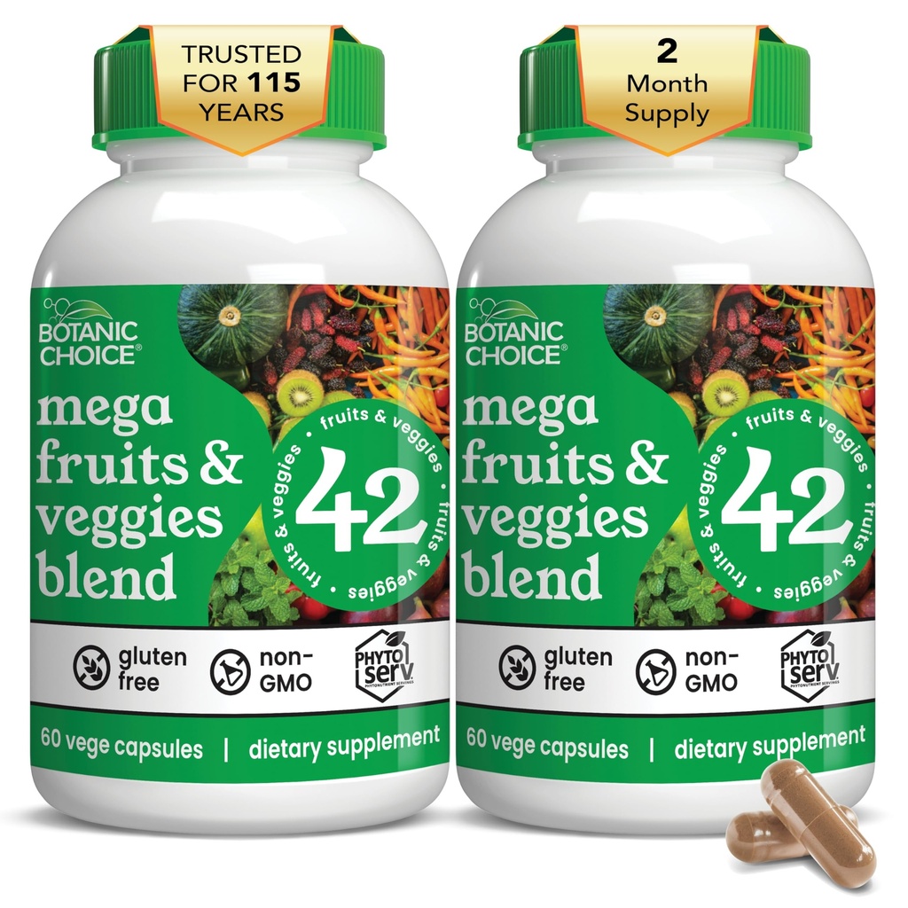 Botanische Wahl seit 1910 - Mega Fruits & Veggies Blend - 42 Obst und Gemüse - 2 Caps täglich - 60 Count Supplement - 2 Pack