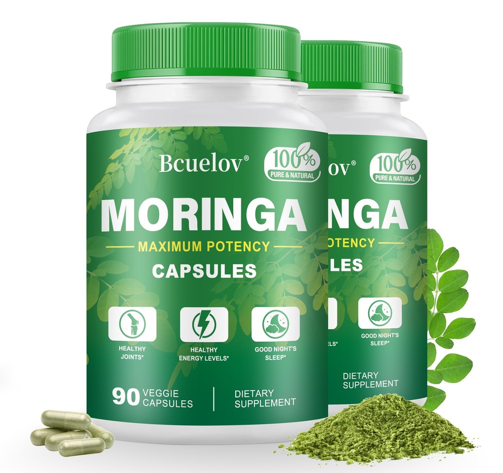Moringa Capsules 2 Bouteilles (800mg) Pure Moringa Capsules en poudre – soutient l'énergie, le soutien immunitaire, la santé de Gut, le superaliment vert contient des vitamines et des acides aminés