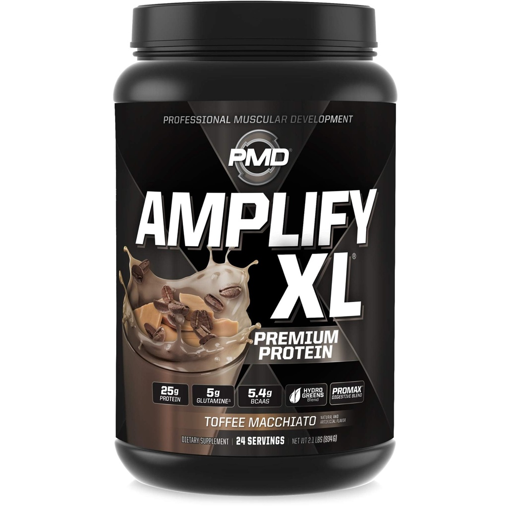 PMD Sports Amplify XL Premium Whey Protéines Supplément Hydro Greens Blend - Glutamine et protéines de lactosérum avec Superfood pour le muscle, la force et la récupération - Toffee Macchiato (24 portions)