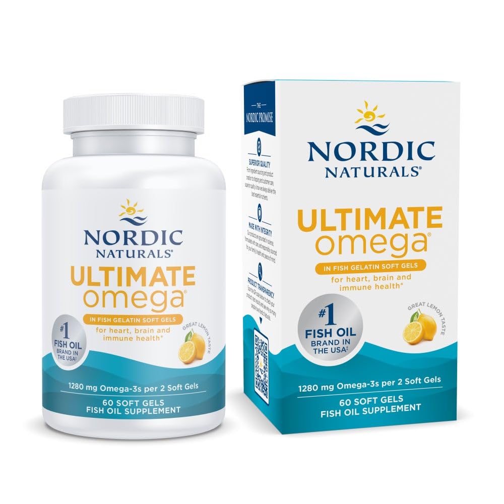 Nordic Naturals Ultimate Omega in Fish Gelatin, Lemon Flavor - 60 Soft Gels - 1280 mg Omega-3 - High-Potency Fish Oil Supplement - EPA & DHA - fördert Gehirn & Herzgesundheit - Non-GMO - 30 Servierungen