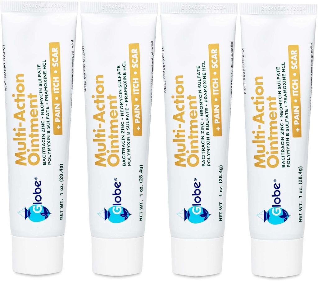 Globe (4 Pack) Erste Hilfe Antibiotika Narbe Minimierung Schmerz-Relief, Anti-Itch Salbe mit Neomycin, Bacitracin Zink, Pramoxin HCl & Polymyxin B, für Minor Cuts, Scrapes & Burns