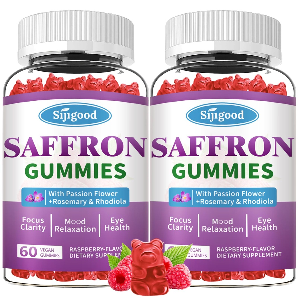 2 Pacchetti Zafferano Gummies - Supplemento di Zafferano Libero di Zucchero per Uomini Donne Mood Supporto Supplemento con Estratto di Zafferano, Fiore della Passione, Magnesio & Vitamine per Rilassamento, Focus, Sapore di lampone