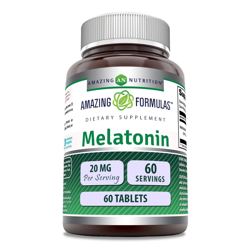 Incredibile Formulas Melatonin Supplemento | 20 Mg Per Serving | Compresse | Non-GMO | Gluten-Free | Made in USA (1 Pack, 60 Count)