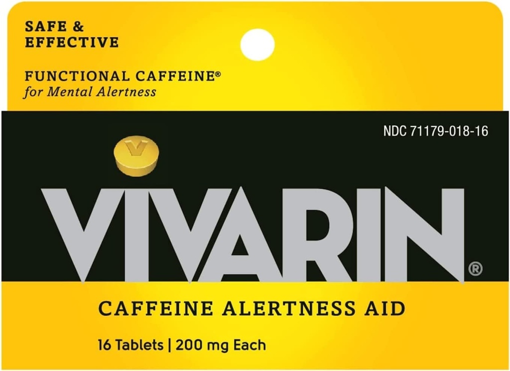 Vivarin, Pilules de caféine, 200 mg de caféine dans chaque comprimé, en toute sécurité et efficacement aide à rester éveillé, aide à l'alerte, supplément énergétique, 16 comprimés - 5 paquets