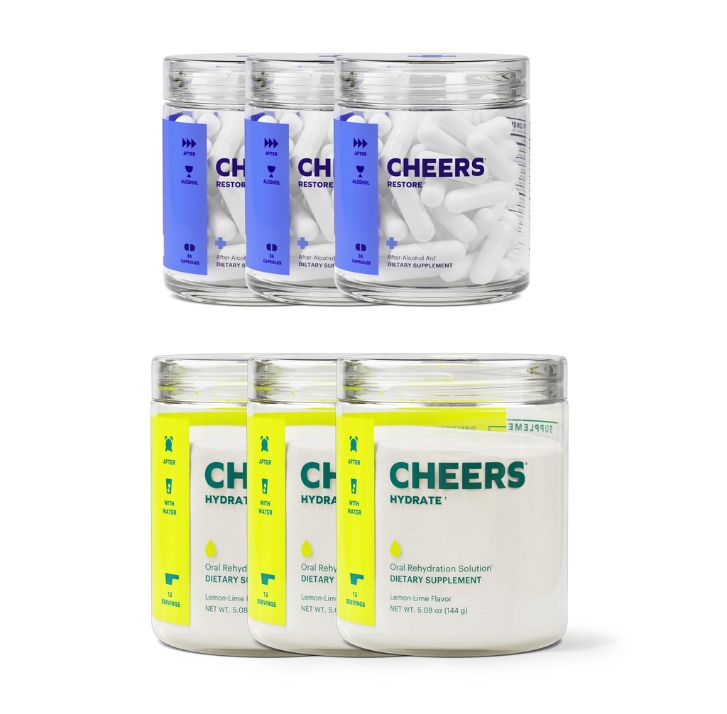 Cheers Classic Combo | Restore + Hydrate | Rehydrate & Feel Better After Drinking | DHM, L-Cysteine, B-Vitamins, Electrolytes | 12 Doses Every | Liver Support | Integratori elettrolitici
