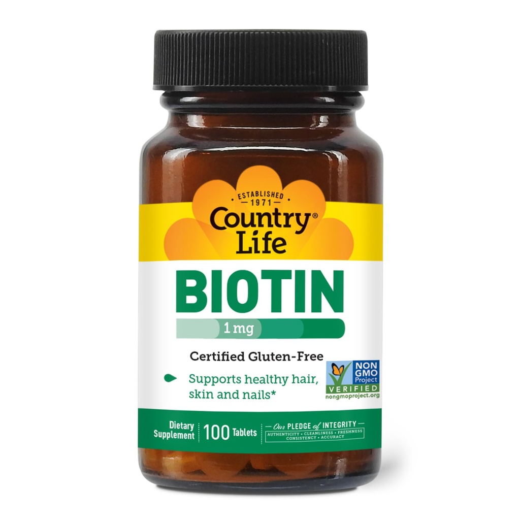 Country Life Biotin 1mg soutient cheveux, peau et ongles sains, 100 comprimés, certifié sans gluten, végétalien certifié, certifié halal, non-OGM vérifié