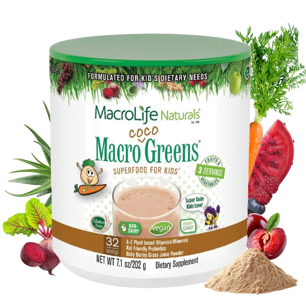 MacroLife Naturals MacroCoco Greens Schokoladen-Superfood-Pulver für Kinder Raw Fruits Veggies Probiotics & Digestive Enzyme, Immunity Energy, Non-GMO, Vegan, Gluten, Dairy Free - 7oz (32 Servierungen)