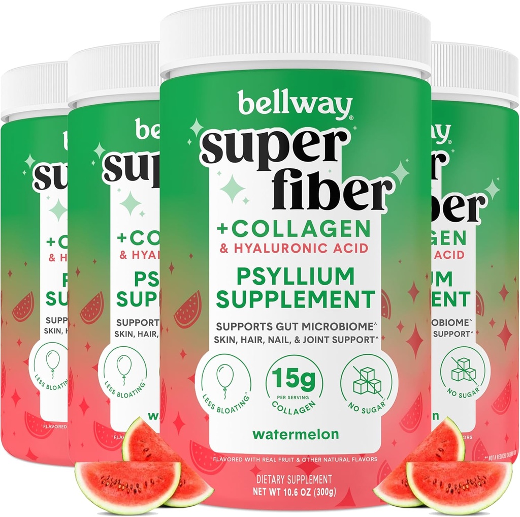 Bellway Super Fiber Powder + Collagen (4 Pack), Sugar-Free Psyllium Husk Pulver mit Collagen Peptides und Hyaluronsäure für Gut Gesundheit, Gesunde Haut, Nägel, Knochen & Gelenke, Wassermelone (42,4 oz)
