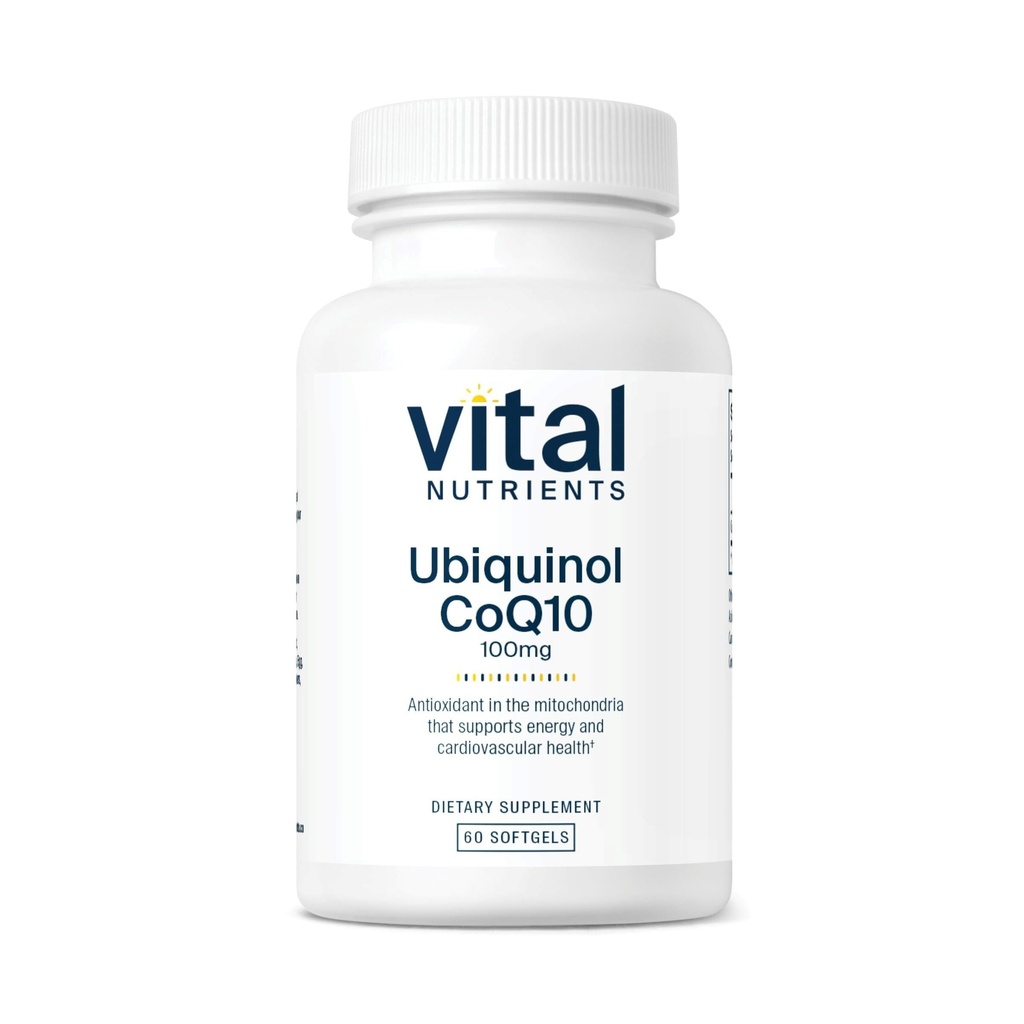 Nutriments vitaux Ubiquinol CoQ10 100 mg Activé Forme de Coenzyme Q10 Activé Antioxydant Potentiel pour soutenir la santé cardiovasculaire et cérébrale* Adapté sans gluten et sans lait 60 Softgels végétariens
