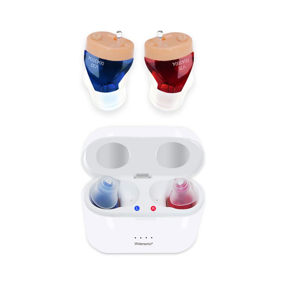 Aides auditives rechargeables pour les aînés et les adultes, aide auditive invisible avec annulation de bruit, aide auditive rechargeable avec entreposage et charge Combo Portable Charge Case, deux bleu et rouge