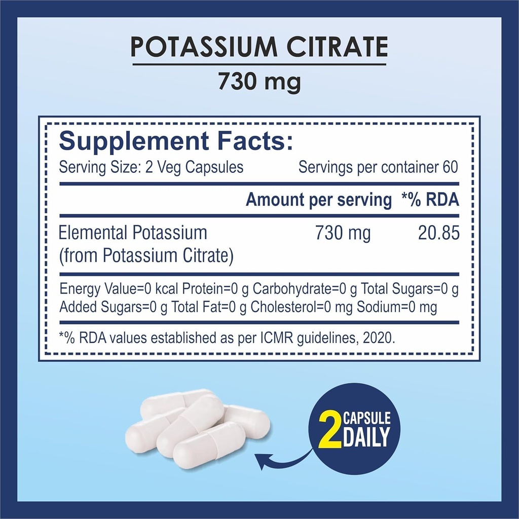 Kalium Citrate 730mg Ergänzung, unterstützt Nierenfunktion & Gesunden Muskel - 120 Gemüse Kapseln