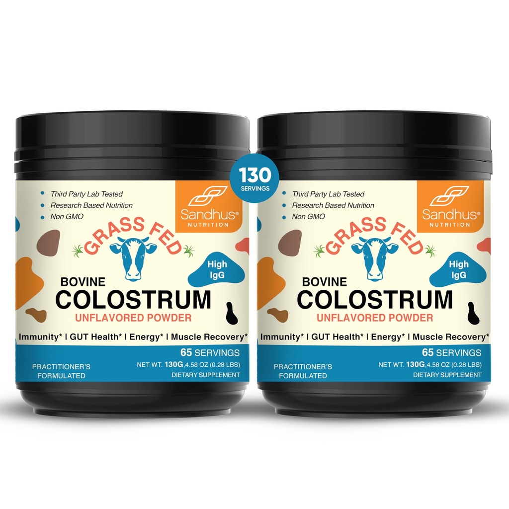 Sandhu's Grass Fed Bovine Colostrum Poudre pour les humains, les adultes de 65 portions (paquet de 2) Supplément de vache de haute IgG pour la santé de Gut.