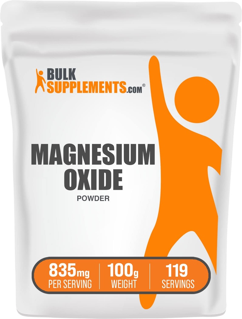 BulkSupplements.com Polvere di ossido di magnesio - Supplemento di ossido di magnesio, supplemento minerale - Grado alimentare & Gluten Free, 835mg per porzione, 100g (3,5 oz) (pacchetto di 1)