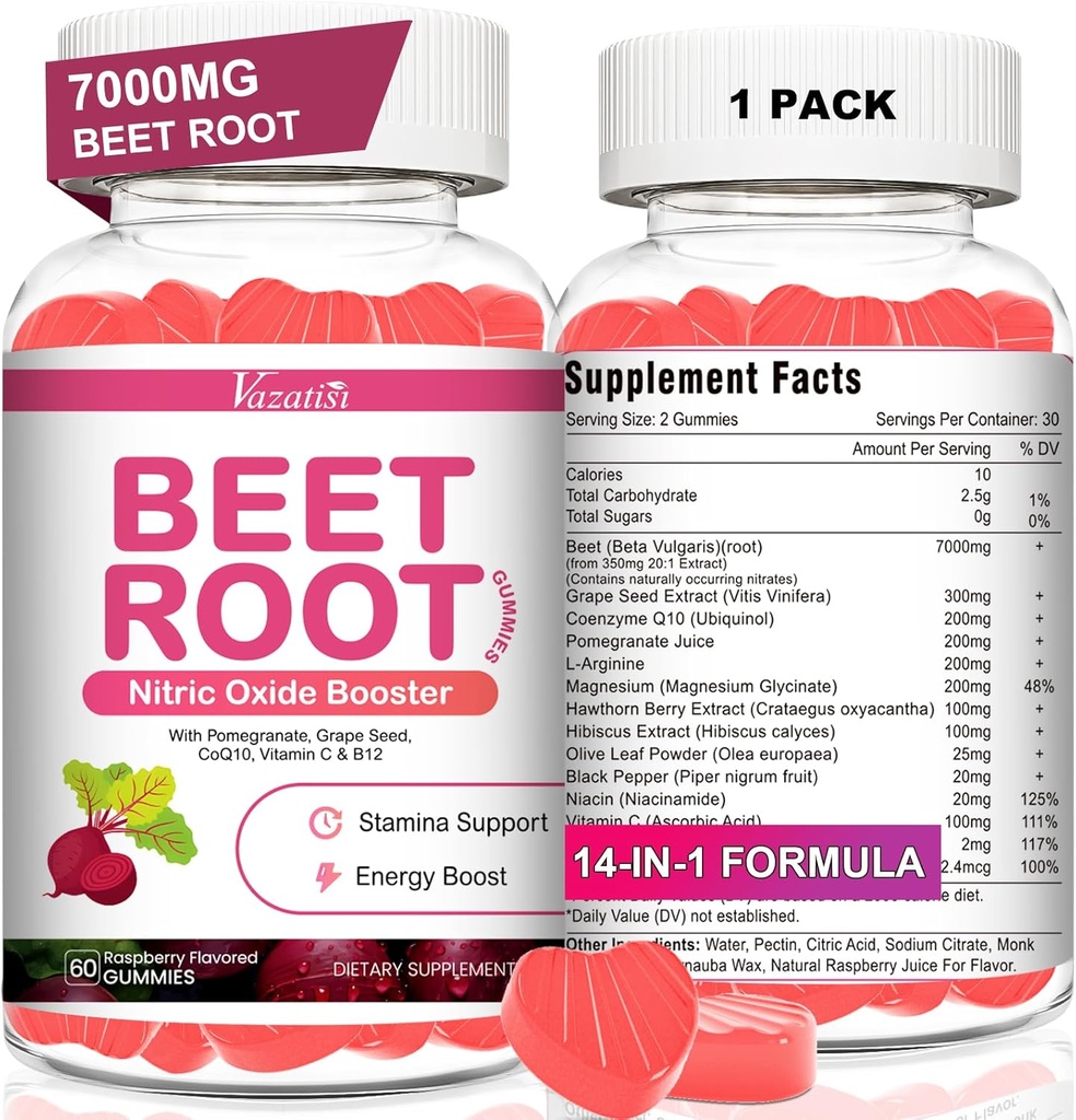 Gommies de racines de betteraves - Gommies de betteraves à oxyde nitrique pour le soutien de la circulation, production d'oxyde nitrique - avec graines de raisin, baies d'épines, Hibiscus, biologique, non-OGM, 60 Gommies