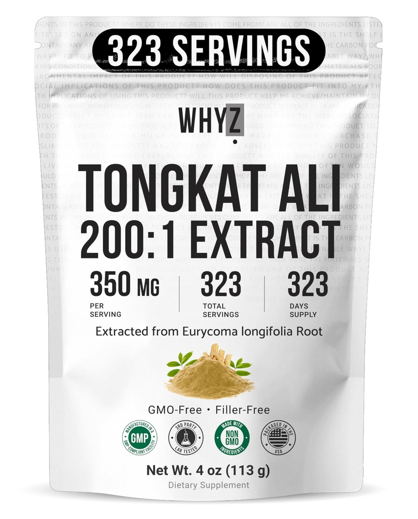 WHYZ Tongkat Ali Powder 113g, Pure Longjack 200:1 Extrakt Eurycoma Longifolia Ergänzung Pulver für erhöhte körperliche Leistung und Wohlbefinden, Longjack Tongkat Ali für Männer und Frauen, 323 Servierungen