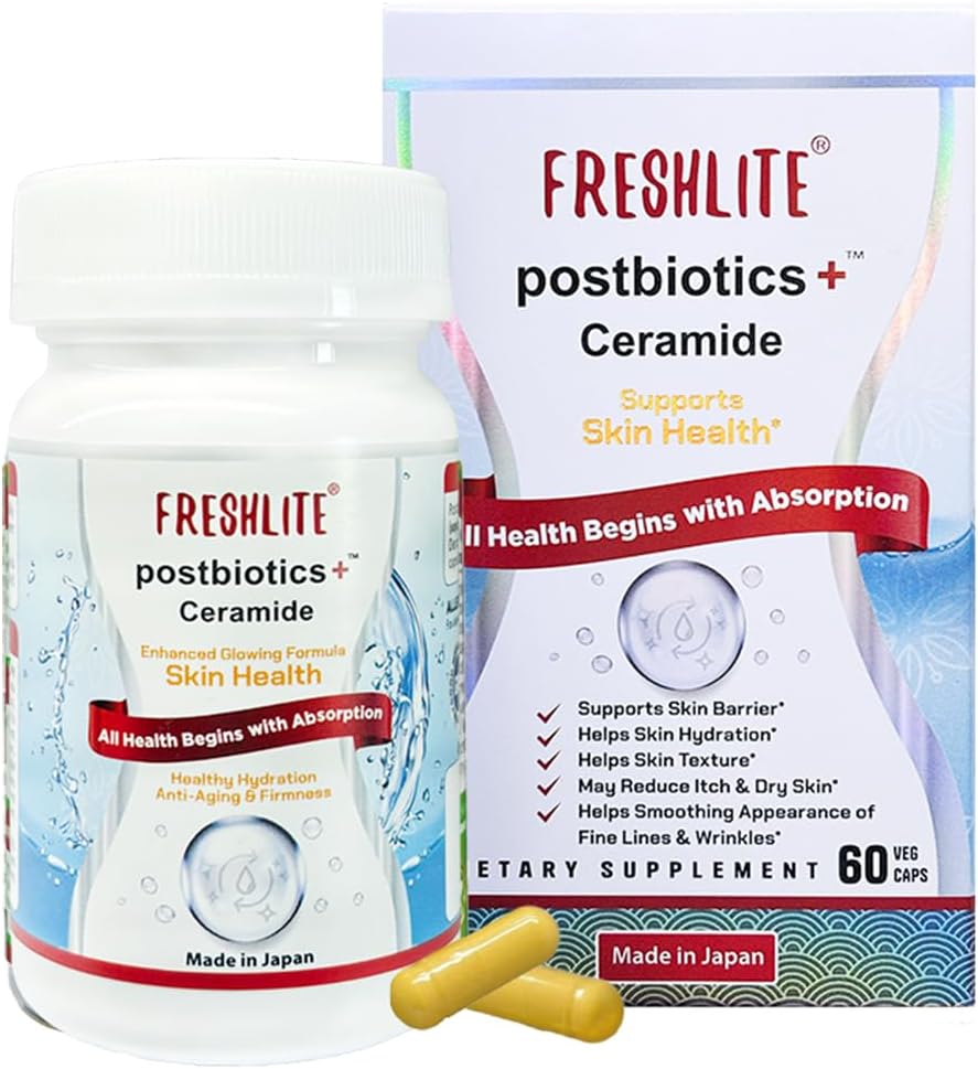 FRESHLITE Japanese Clear Skin Ceramide Supplemento – Ceramide & Postbiotici a base vegetale per l'idratazione, Barriera & Elasticità – Aiuta a ridurre l'acne & Irritazione – Non OGM, Senza glutine, 60 capsule vegane
