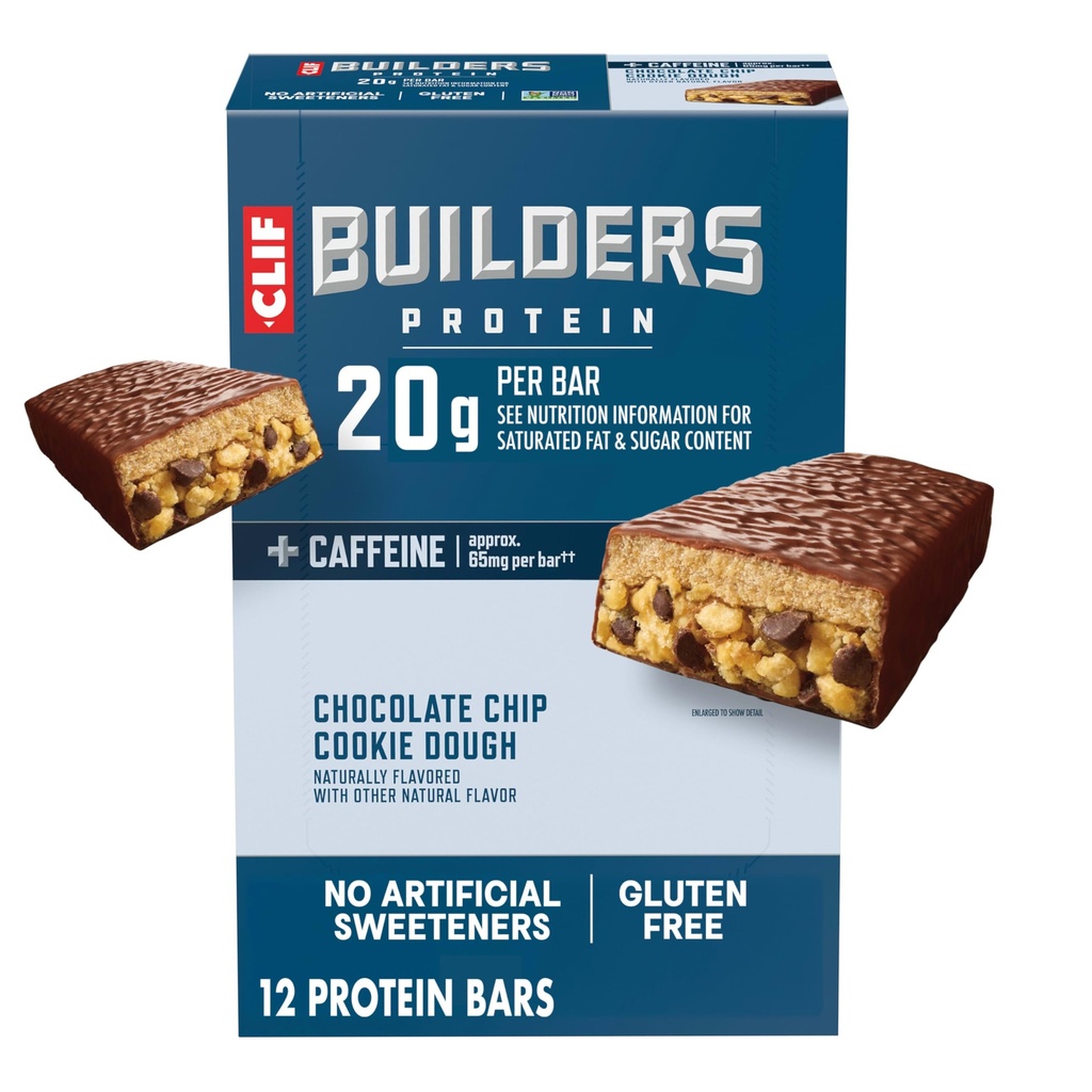CLIF BUILDERS + Caffeine Protein Bars - Chocolate Chip Cookie Dough Flavor - 20g Plant Based Protein - Glutenfrei - Non-GMO - Low Glycemic - Keine künstlichen Süßungsmittel - 2.4 Unze (12 Packung)