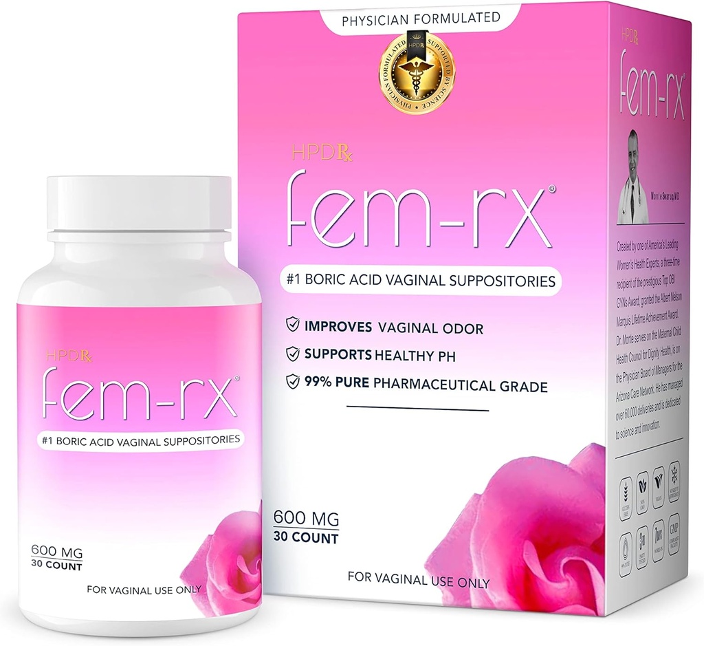 HPD Rx Fem-Rx Acide borique Suppositoires vaginales pour les femmes – aider à équilibrer le pH vaginal, éliminer l'odeur vaginale – Dr formulation Feminine soutien de santé – 30 capsules Pack de 1