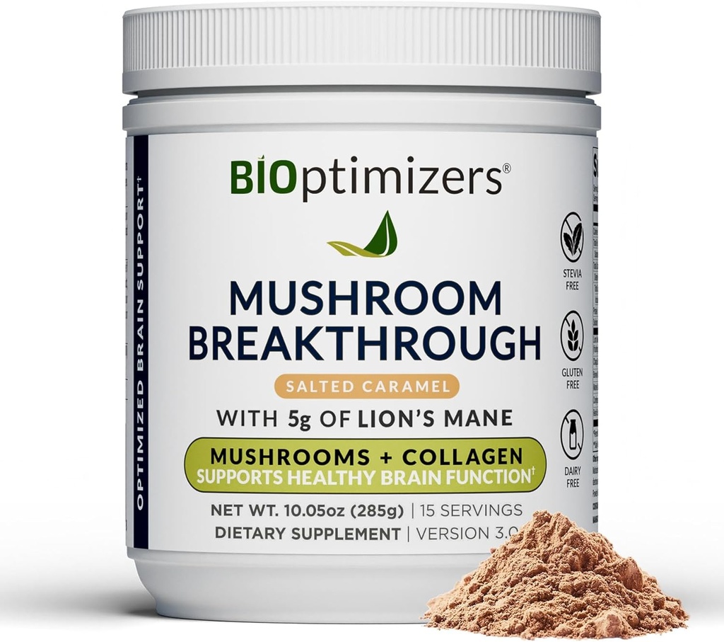 BIOptimizers Mushroom CaffÃ ̈ Alternativa – Saline Caramel Drink – Lion's Mane, Chaga, Reishi + Collagen Peptides per Focus, Energy & Gut Health – Funghi adaptogenic & MCT Powder – 15 Servings