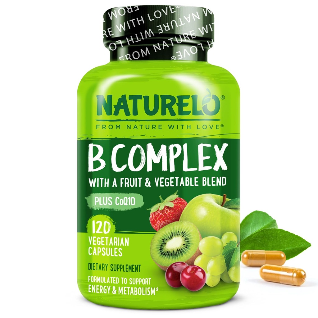 NATURELO Vitamin B Komplex, 120 Kapseln, Vegan, CoQ10, Methylfolat, Biotin, Obst & Gemüse Mischung, unterstützt Energie und gesunde Stressreaktion, Super B Komplex Vitamine für Frauen und Männer