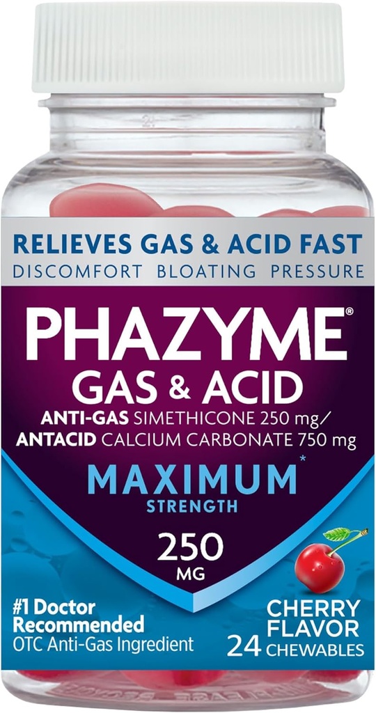 Phazyme Massima resistenza Gas & Acid Relief, Funziona velocemente, Cherry Flavor, 24 Chews (Packaging May Vary)
