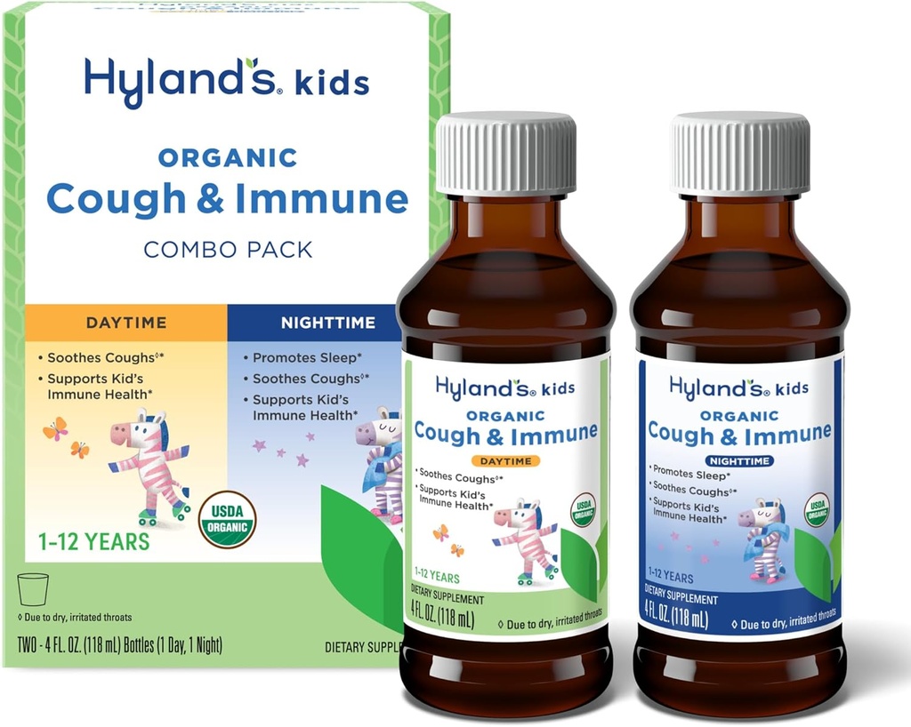 Hyland's Kids Organic Cough and Immune Day and Night Combo Pack, Eases Coughs, Unterstützt Immunität, fördert Schlaf, Zwei 4 Fl Oz. Flaschen (8 fl oz)