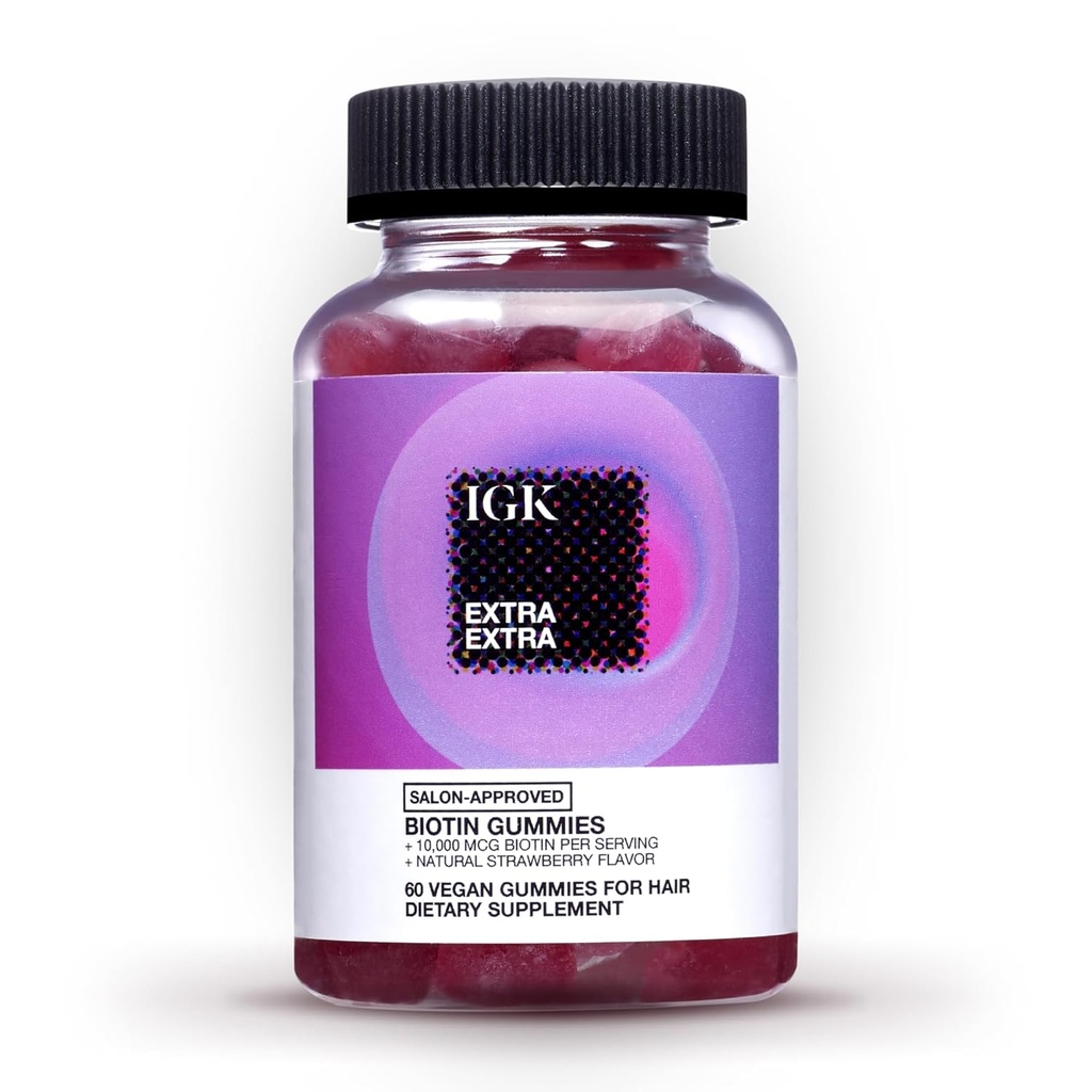 IGK Biotin Haargummis 10.000mcg Biotin (60 Count), Erdbeer-Flaschen, Haarwachstumsergänzungsgummis für gesünde Haare, Haut und Nägel, Vegan, Helfen Sie Haarausfall zu bekämpfen & dünn